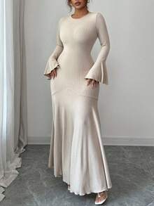 SHEIN PETITE CURVE Plus Size Women Solid Color Ribbed Flare Sleeve Fishtail Dress - Khaki - View 5