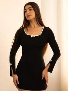 Andrea Bello 女士蝴蝶结饰边长袖迷你连衣裙 - 黑色 - 查看 3