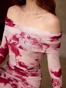 MOTF PREMIUM VESTIDO DE PUNTO LARGO CON HOMBROS DESCUBIERTOS Y ESTAMPADO DE MALLA PARA MUJER, PRIMAVERA/VERANO - Multicolor - Ver 3