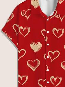 Manfinity Homme 男士短袖衬衫，通体饰以爱心印花，浪漫心形图案，红金相间爱心，送给爱人/丈夫的最佳礼物，浪漫礼物，周年纪念礼物，男士夏季休闲装 - 彩色 - 查看 4