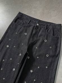 ROMWE MEN Street Life Men's Casual Washed Metal Eyelet Decoration Denim Jeans - Black - View 5