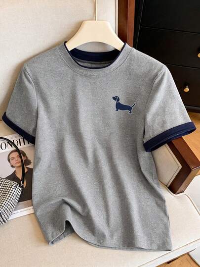 Resyla Camiseta de mujer de cuello redondo de doble capa con contraste de color, 180g de seda de leche, 127 gris flor con color de contraste, azul marino 93#