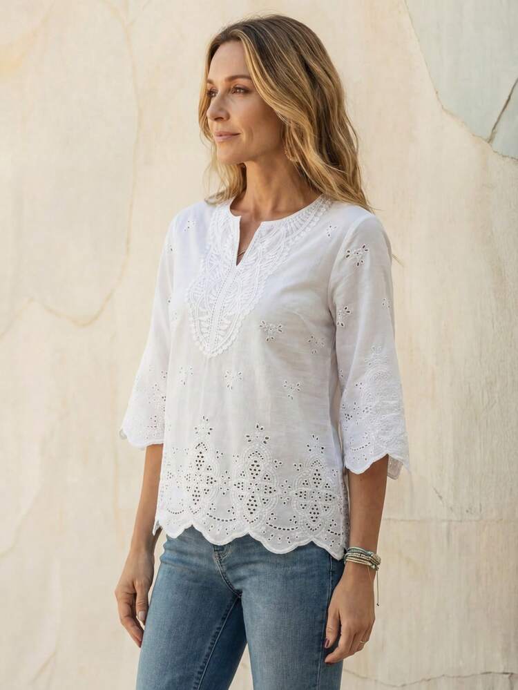 Women's Notched Collar Three-Quarter Sleeve Shirt