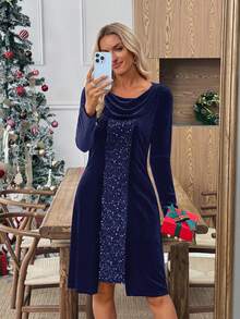 EMERY ROSE Đầm thời trang nữ tay dài cổ khoét sâu, đính sequin, phối nhiều lớp - Màu xanh hải quân - Xem 6