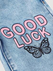 SHEIN Young Girl Butterfly Embroidery & Letter Print Casual Denim Bib Pants - Light Wash - View 3