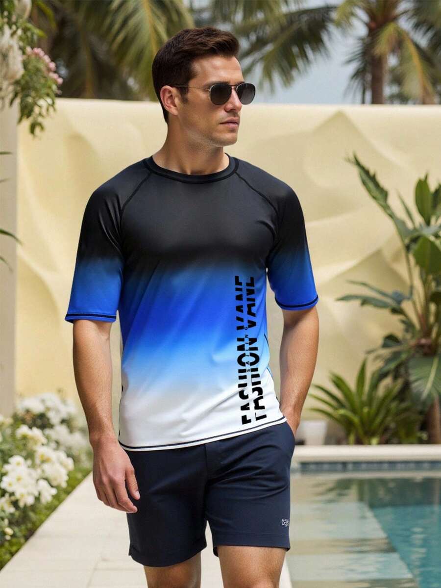 Manfinity Swimmode Men's Summer Beach Vacation Style Gradient Letter Print Raglan Sleeve Rash Guard Swimwear Top Men Rash Guard Short Sleeve T Shirt Men - Black - View 1