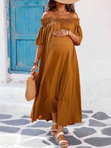 SHEIN Maternity Vacation Brown Solid Color Ruffle Off-Shoulder Pleated Casual Maxi Dress,Summer Boho Holiday Off The Shoulder Long Dress - Orange - View 1