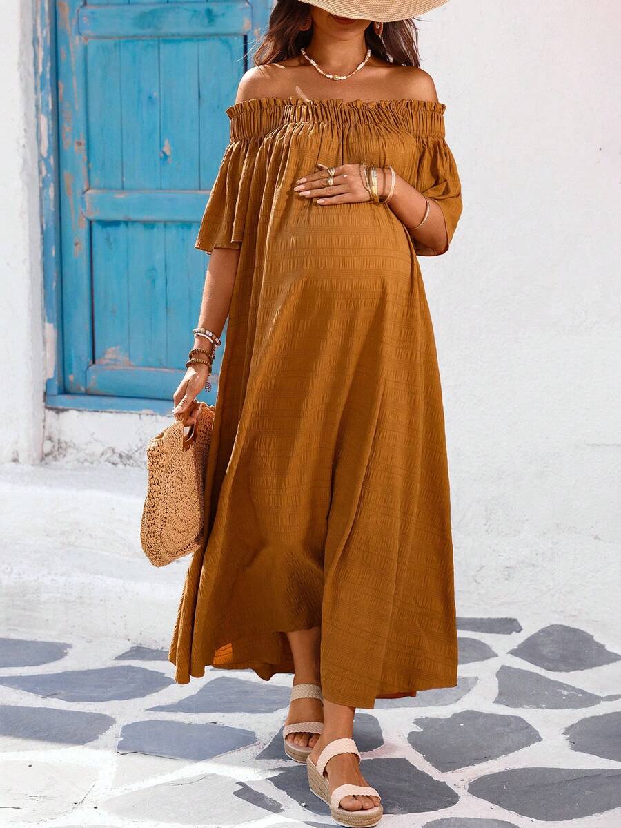 SHEIN Maternity Vacation Brown Solid Color Ruffle Off-Shoulder Pleated Casual Maxi Dress,Summer Boho Holiday Off The Shoulder Long Dress - Orange - View 1