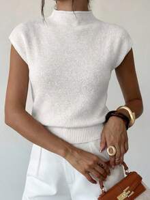 Firerie Elegant High Neck Loose Casual Versatile Sleeveless Knit Sweater Vest Going Out Tops Women,Tops For School In Fall/Winter - White - View 6