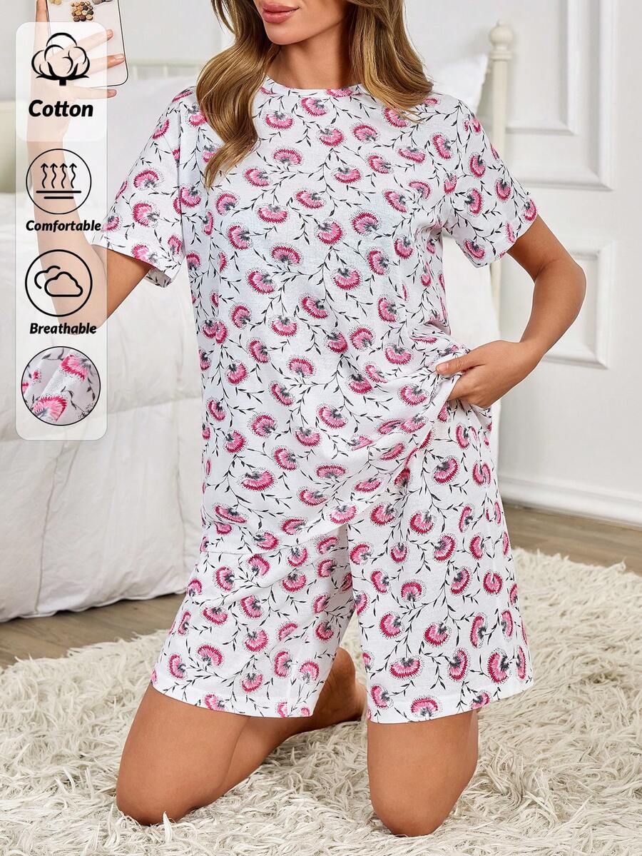 EURMUSE Cotton Women Overall Floral Patterned Sleep Tee + Sleep Shorts Pajama Lounge Sets - Multicolor - View 1
