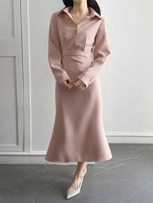 DAZY Elegant French Style Cinched Waist Mid-Length Dress For Women - Baby Pink - View 3