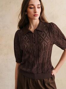 Anewsta Women's Vintage Polo Collar Hollow Floral Puff Sleeve Knit Top, Summer - Coffee Brown - View 3