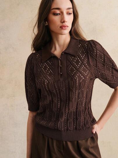 Anewsta 女士复古 Polo 领镂空花卉泡泡袖修身短袖针织上衣