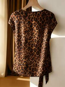 EMERY ROSE New Women's Round Neck Leopard Print Short Sleeve Tie T-Shirt - Coffee Brown - View 2