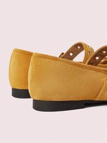 CUCCOO DOLLMOD Mocasines planos casuales con puntera redonda, suela blanda, tira de ante, bloqueo de color, decoración de remache metálico y lazo de ballet para mujer, zapatos de primavera para vacaciones de primavera y Pascua - Amarillo - Ver 9