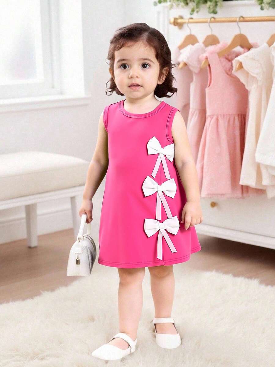 Elladie kids 女婴无袖针织连衣裙，简约休闲连衣裙，饰有蝴蝶结，适合夏季日常穿着 - 玫紅色 - 查看 1