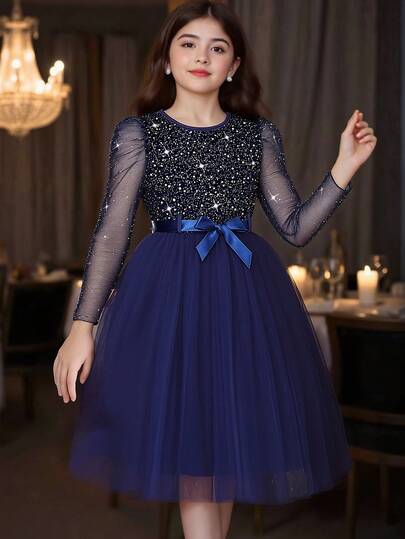 Elladie kids Vestido de malla rojo navideño con cuello redondo, mangas con volantes y cintura ceñida, elegante y vintage, adecuado para fiestas como Halloween, Navidad, Año Nuevo, primavera y otoño