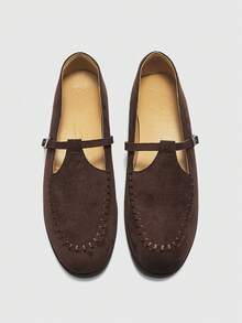 CUCCOO BIZCHIC Giày lười kiểu retro mới, giày da nhỏ, mũi tròn, đế bằng, kiểu xỏ chân, có khóa cài, giày công sở cho nữ. - Cà phê nâu - Xem 7