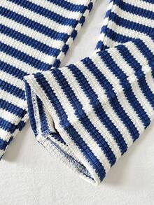 Tween Girl Casual Vacation Street Asymmetric Textured Knit Striped Cropped T-Shirt And Matching Straight Leg Knit Striped Pants Set, Back To School Outfit, Blue & White Stripe Summer Lounge Set Two Piece Set Striped Two Piece Set Preppy Two Piece Set - Blue and White - View 4