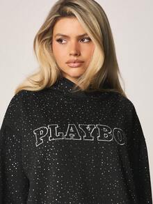Missguided x Playboy 镶钻超大款连帽迷你连衣裙，长袖波点图案，街头风 - 黑色 - 查看 4