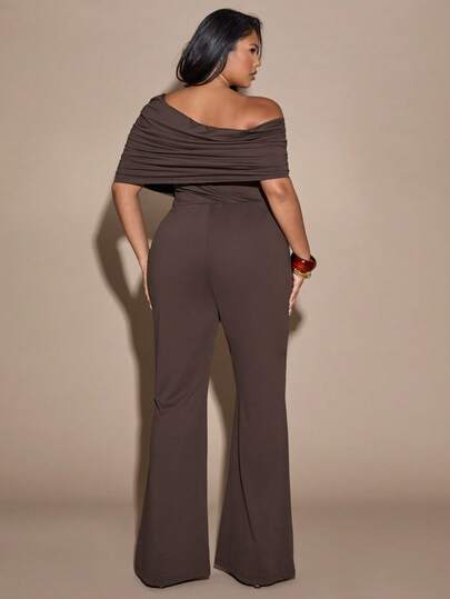 SHEIN BAE Spring And Summer Long Sleeve Jumpsuit Brown Pleated Jumpsuit Sexy Slim Plus Size Jumpsuit