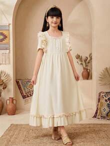 SHEIN Tween Girls' Loose Casual Minimalist Comfortable Square Neck Ruffle Hem Loungewear - Apricot - View 7