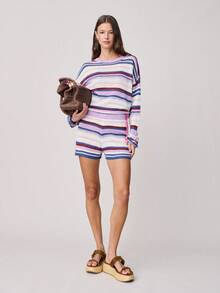 Nöista Knitted Textured Set Includes A Long-Sleeve Boxy Sweater And Matching Shorts. Spring, Summer, Easter, Cover Up, Beachwear. - Mauve Purple - View 5