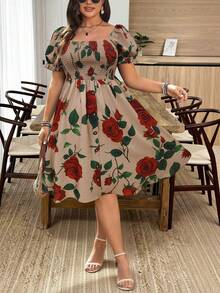 EMERY ROSE Plus Size Women Square Neck Puff Sleeve Brown Red Rose Vacation Retro Flounce Hem Decorated Button Front Dress - Multicolor - View 4