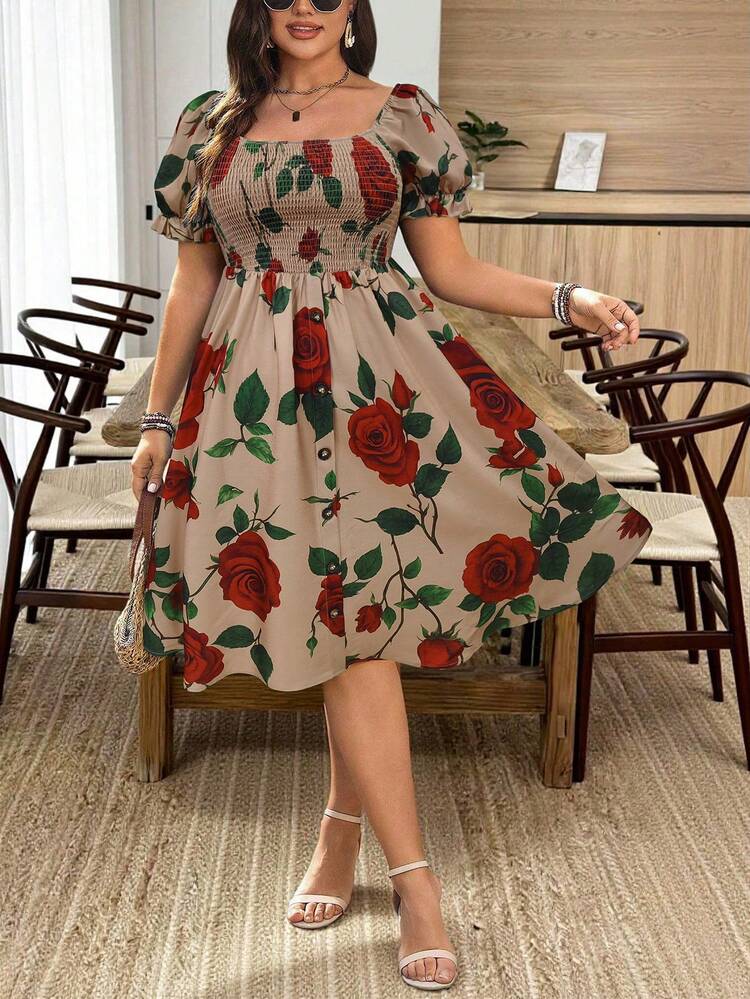 EMERY ROSE Vestido con cuello cuadrado, mangas abullonadas, decorado con botones y volantes en el bajo, en colores marrón y rojo con estampado de rosas, para vacaciones, en talla grande - Multicolor - Añade 4