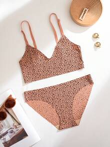 2pcs Leopard Print Seamless Underwear Set, Casual Series