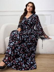 Al Najma 大码女式V领蝴蝶印花宽松土耳其长裙，阿拉伯传统风格 - 彩色 - 查看 7