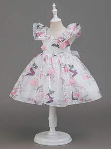 Glamorique Kids 4-Season Girls' Flower Girl Wedding Flower Girl Dress, White Base With Pink Floral Butterfly Print, Mesh Flared Sleeves, Tulle Skirt With 3D Floral - Pink - View 3