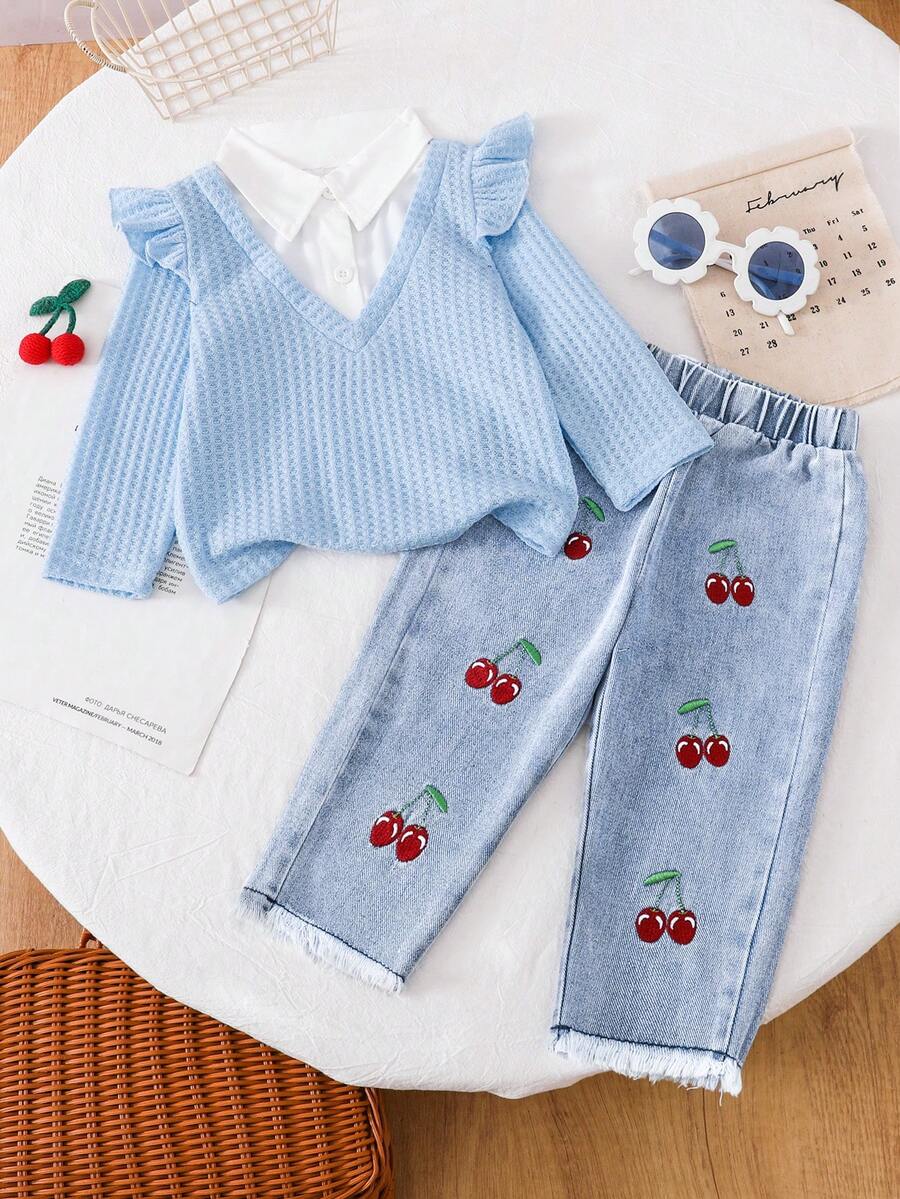 SHEIN Playful Pals 2pcs/Set Baby Girls Casual Cute Waffle Shirt Top With Cherry & Fruit Embroidery And Denim Pants Set, Autumn/Winter - Blue - View 1