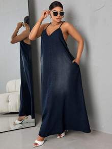 SHEIN Mono de mezclilla lavado de moda para mujer de talla grande - Azul lavado oscuro - Ver 3