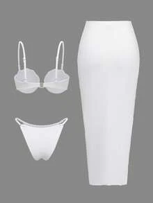 Swim Oasis 3pcs/Set Summer Vacation Sexy Pearl Shell Bikini Set With Spaghetti Straps & Front/Middle Slit Drawstring Maxi Dress - White - View 4