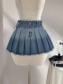 Elamini Minifalda de mezclilla con pliegues y deshilachados de moda para mujer - Neblina azul - Ver 2