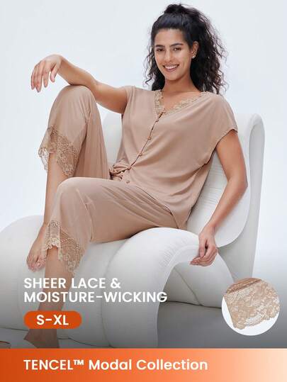 LUVLETTE Super Soft TENCEL™ Modal Lace Elegance Inset Button-Up Airy Pajama Set For Women Lounge Sets For Women Lingerie
