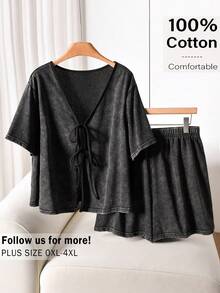 CosyJoli 大码女式休闲雪花系带上衣和短裤两件套 - 黑色 - 查看 3