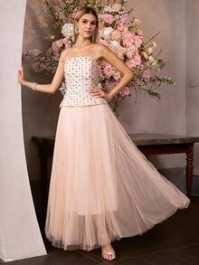 MOTF Soiréza WOMEN'S RHINESTONE EMBELLISHED CONTRAST MESH RUCHED LONG FORMAL DRESS