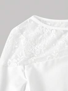 SHEIN MOD 女士纯色极简蕾丝长袖T恤，日常穿着，外出上衣，春夏上衣，情人节，海滩度假，优雅女士上衣，休闲女士上衣，度假女士上衣，白色上衣，拼接蕾丝上衣，透视上衣 - 白色 - 查看 5