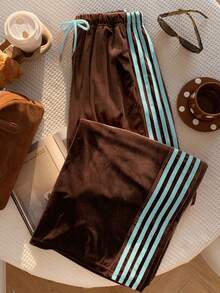 Comfortcana 女士休闲裤，侧边条纹设计，棕色和薄荷蓝撞色拼接，轻薄透气，适合春夏穿着。 - 棕色 - 查看 3