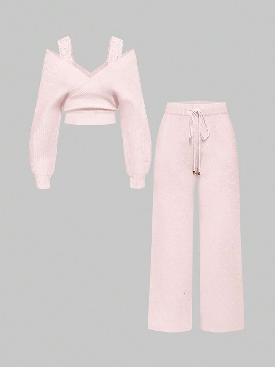 ROMWE Kawaii 1 Set Women Shoulder Strap V-Neck Lace Strap Loose Wide-Leg Pants Comfortable Home Knit Sweater Two Pieces - Pink - View 1