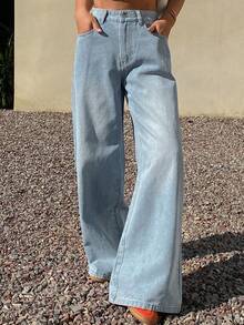 Livesso Women's High Waist Pocketed Wide Leg Loose Casual Versatile Jeans - Blue - View 3