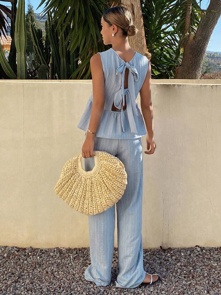 2pcs/Set Women Casual Vacation Tie Waist Bow Strap Loose Tank Top And Straight Leg Pants Suit, Spring/Summer