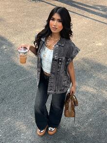 SHEIN PETITE Women's Single-Breasted Loose Casual Denim Jacket With Dolman Sleeves - Black - View 10