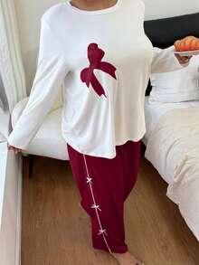 Plus Size Women Contrast Color Bow Sleepwear Set - Red - View 6