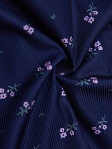 CottageSlumber Plus Size Women Knitted Ribbed Ditsy Floral Short Sleeve Pajama Set - Blue - View 6