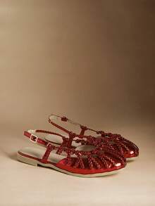 Rosivie 女士平底凉鞋，金色编织带闭趾平底鞋 - 熱烈紅色 - 查看 3