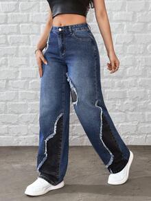 SHEIN Tall 女士休闲日常通勤时尚街头拼接毛边宽松直筒牛仔裤 - 藍色 - 查看 4