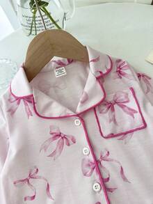 LMoss Kids LMoss 2pcs Baby Girl Sweet Minimalist Bow Decor Lapel Button Long Sleeve Pajama Set, Soft & Skin-Friendly Knit - Pink - View 3